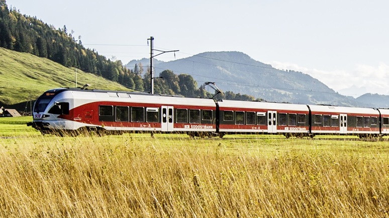 Un'immagine di un treno SOB che segue i binari attraverso un prato